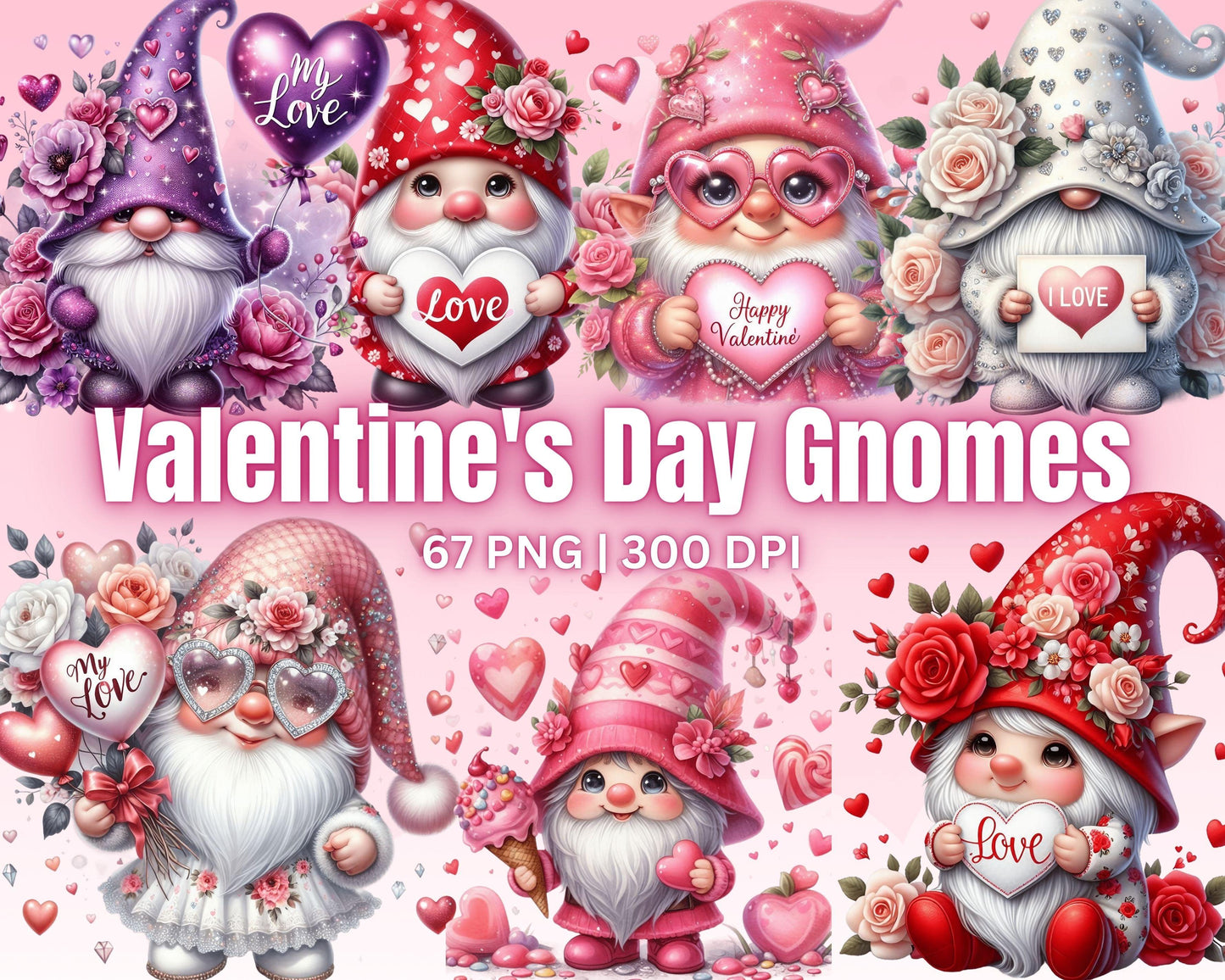 Charming Valentine's Day Gnomes Clip Art, 67 PNG High-Res Files for Commercial Use