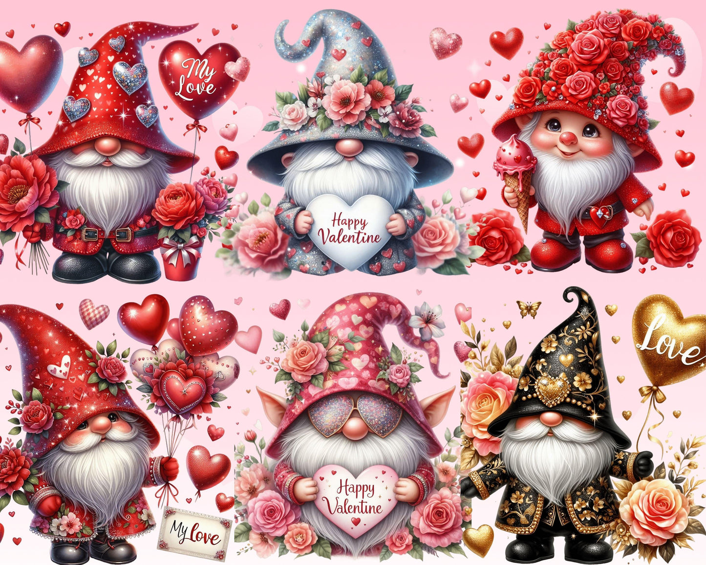 Charming Valentine's Day Gnomes Clip Art, 67 PNG High-Res Files for Commercial Use