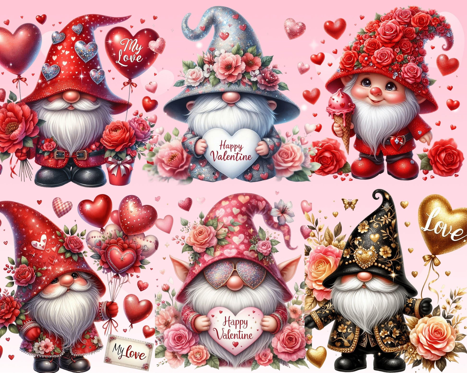 Charming Valentine's Day Gnomes Clip Art, 67 PNG High-Res Files for Commercial Use