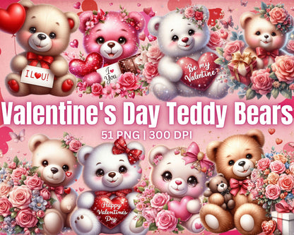 Adorable Valentine's Day Teddy Bears Clip Art, 51 PNG High-Res Files for Commercial Use