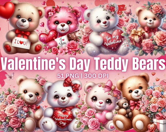 Adorable Valentine's Day Teddy Bears Clip Art, 51 PNG High-Res Files for Commercial Use