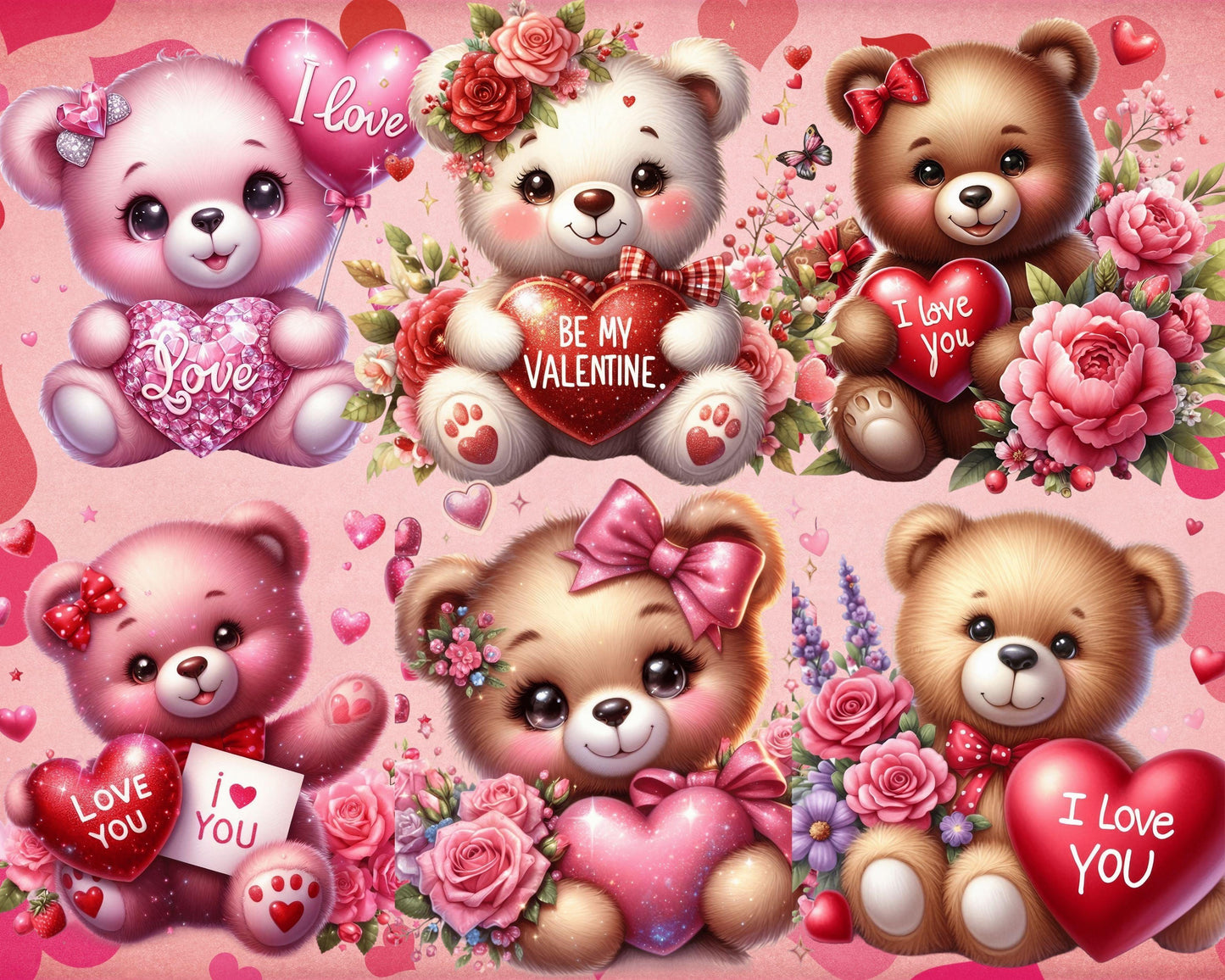 Adorable Valentine's Day Teddy Bears Clip Art, 51 PNG High-Res Files for Commercial Use