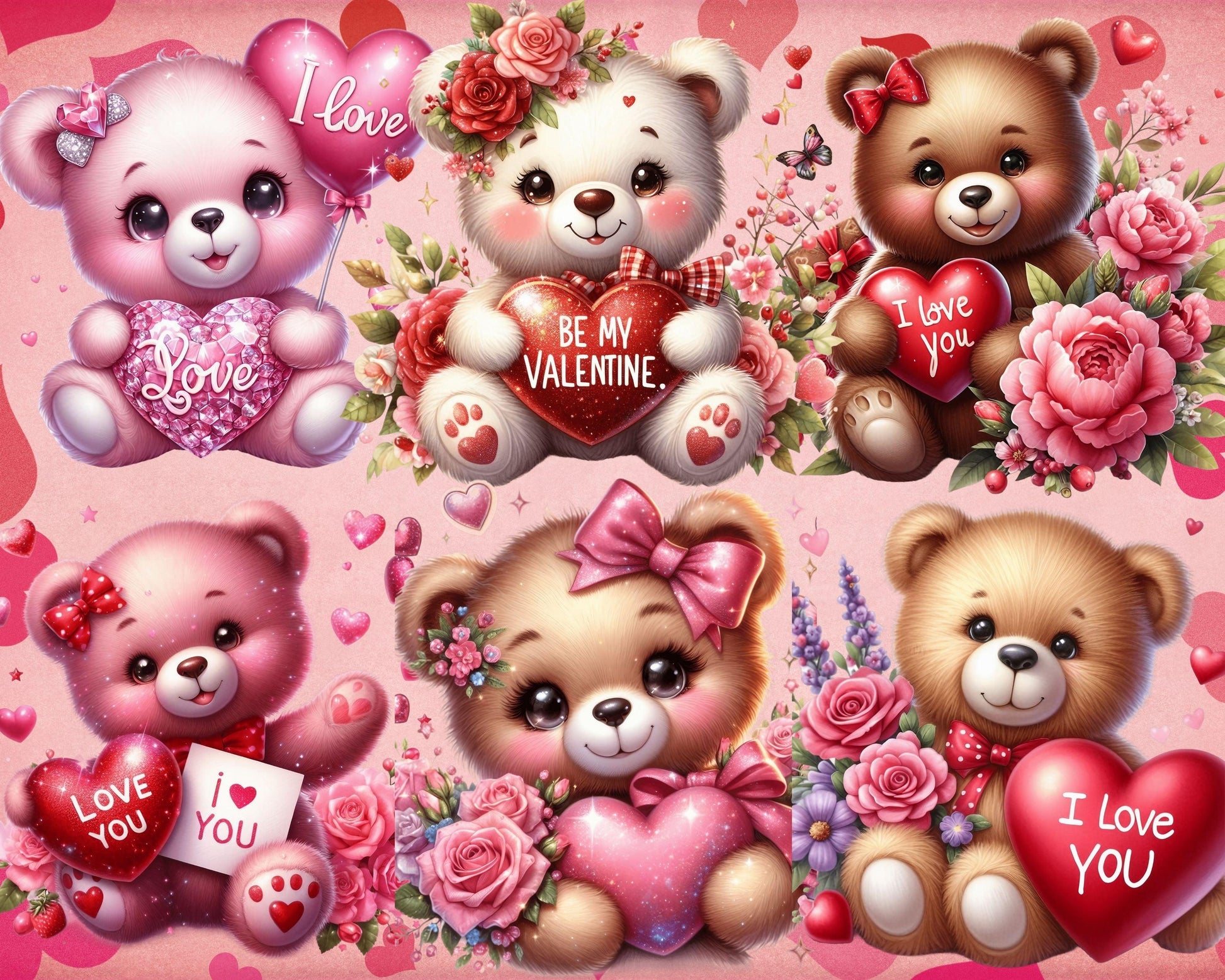 Adorable Valentine's Day Teddy Bears Clip Art, 51 PNG High-Res Files for Commercial Use