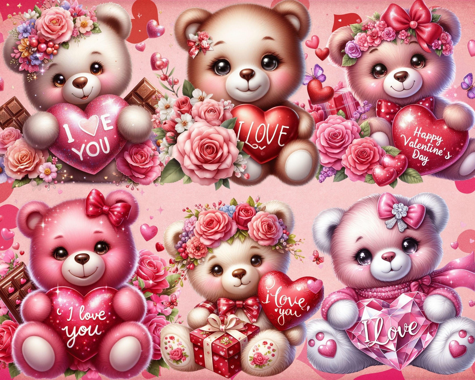 Adorable Valentine's Day Teddy Bears Clip Art, 51 PNG High-Res Files for Commercial Use