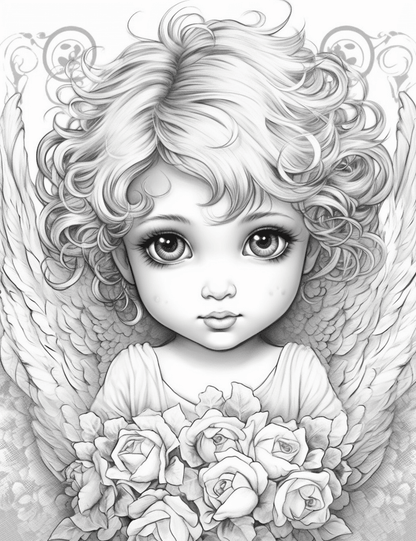 Free Angel Baby Grayscale Coloring Pages Printable for Adults Kids, PDF File Instant Download
