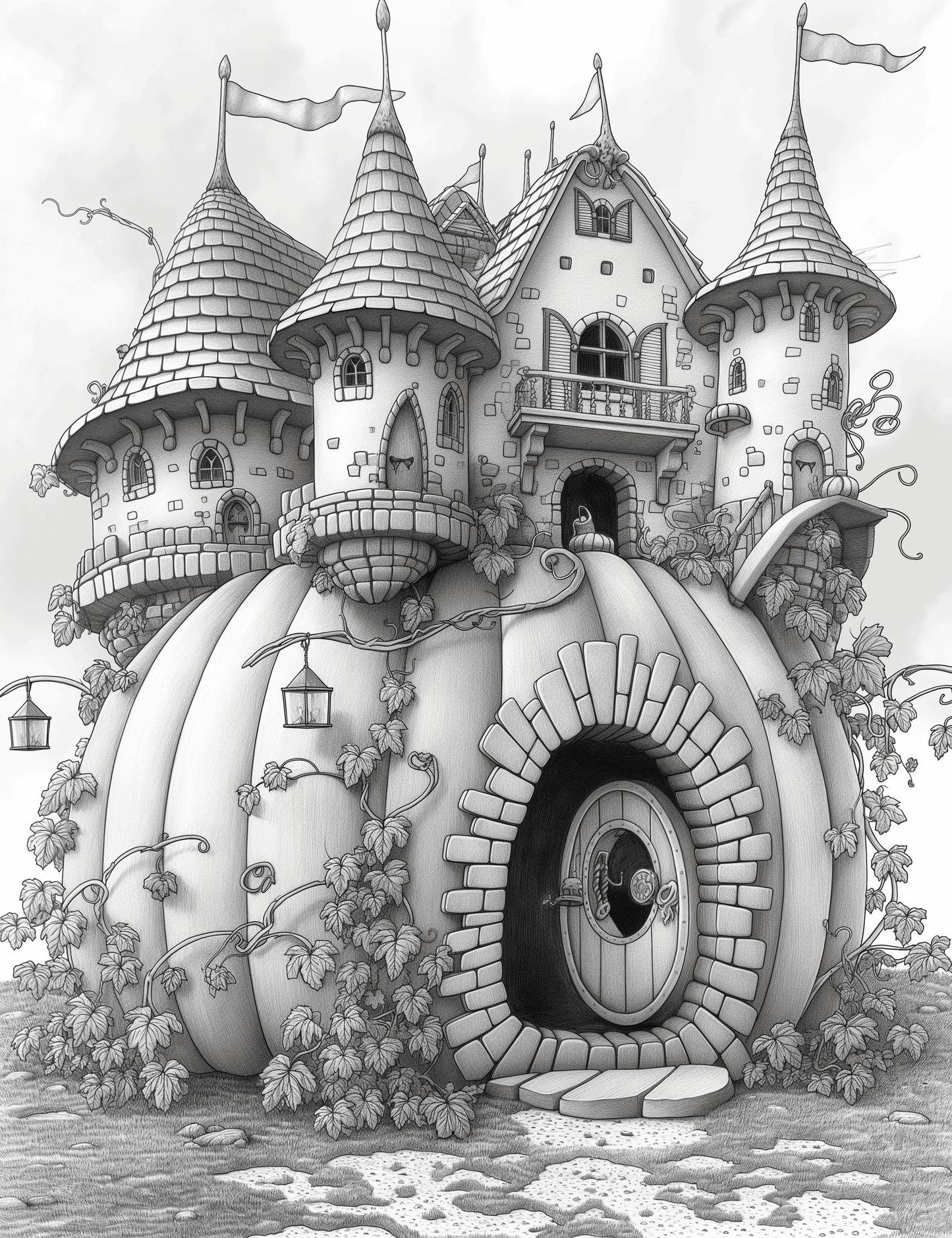 Free Giant Pumpkin Castle Grayscale Adult Coloring Pages, Printable PDF Instant Download