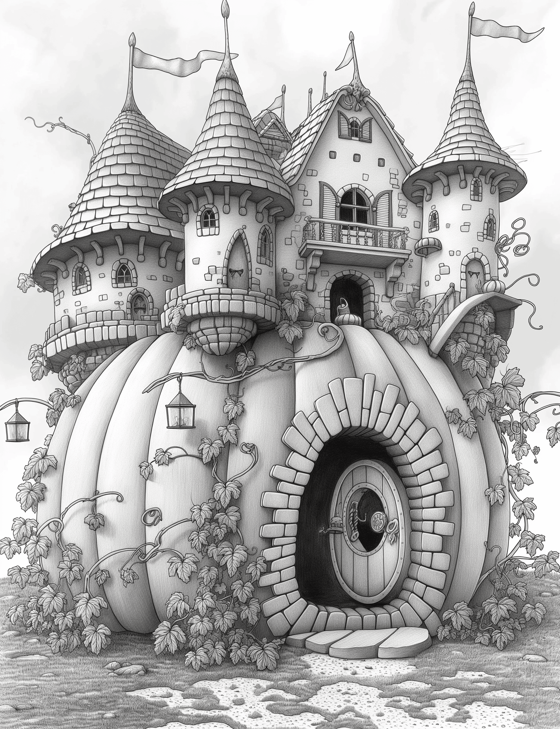Free Giant Pumpkin Castle Grayscale Adult Coloring Pages, Printable PDF Instant Download