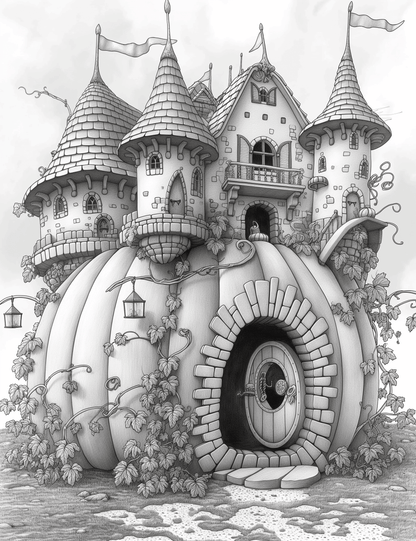 Free Giant Pumpkin Castle Grayscale Adult Coloring Pages, Printable PDF Instant Download