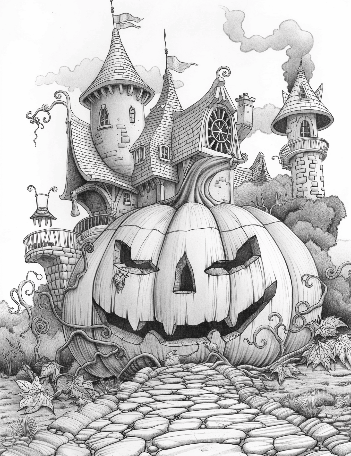 Free Giant Pumpkin Castle Grayscale Adult Coloring Pages, Printable PDF Instant Download