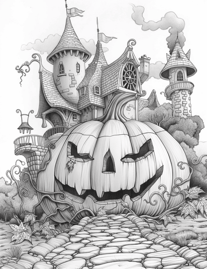 Free Giant Pumpkin Castle Grayscale Adult Coloring Pages, Printable PDF Instant Download