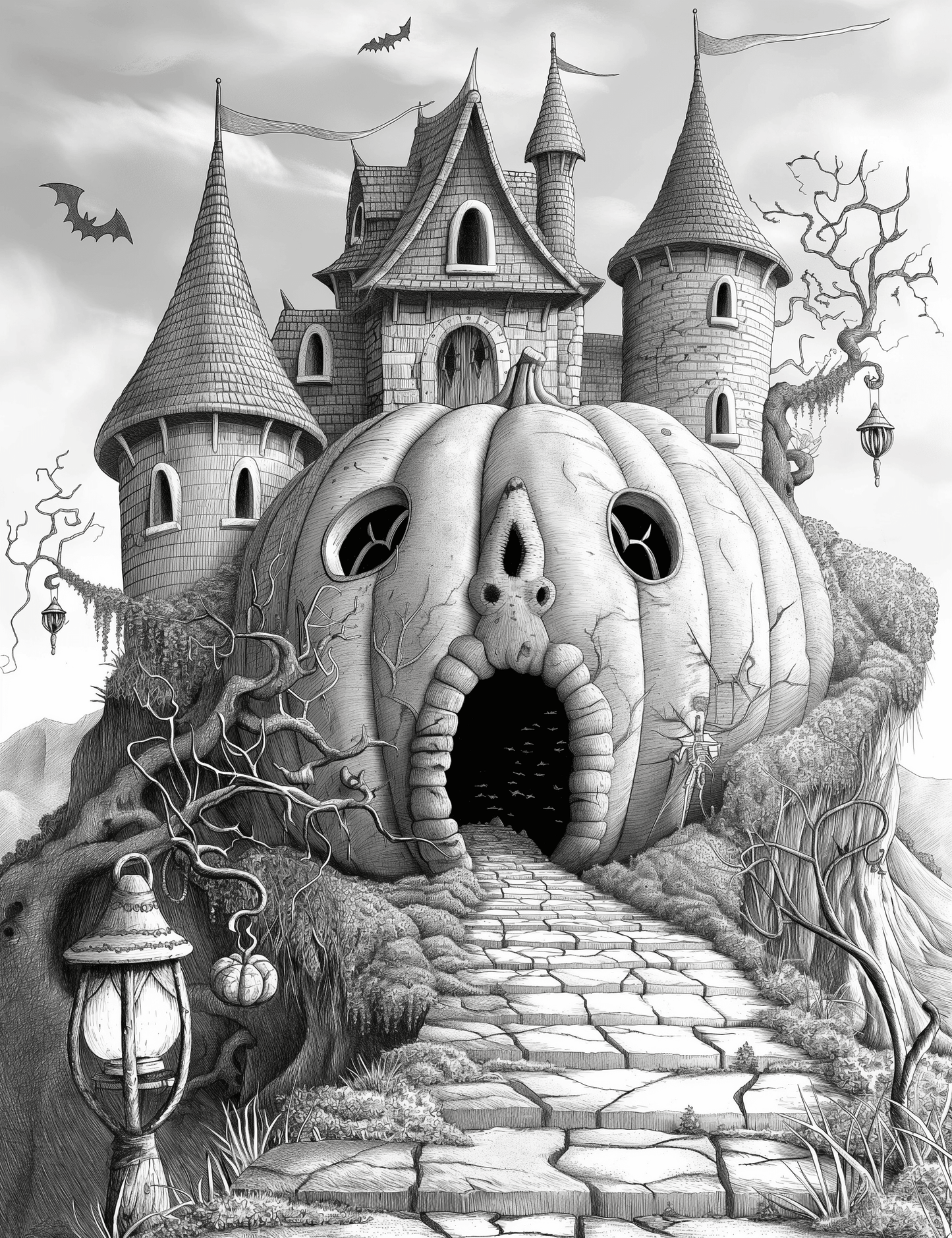 Free Giant Pumpkin Castle Grayscale Adult Coloring Pages, Printable PDF Instant Download