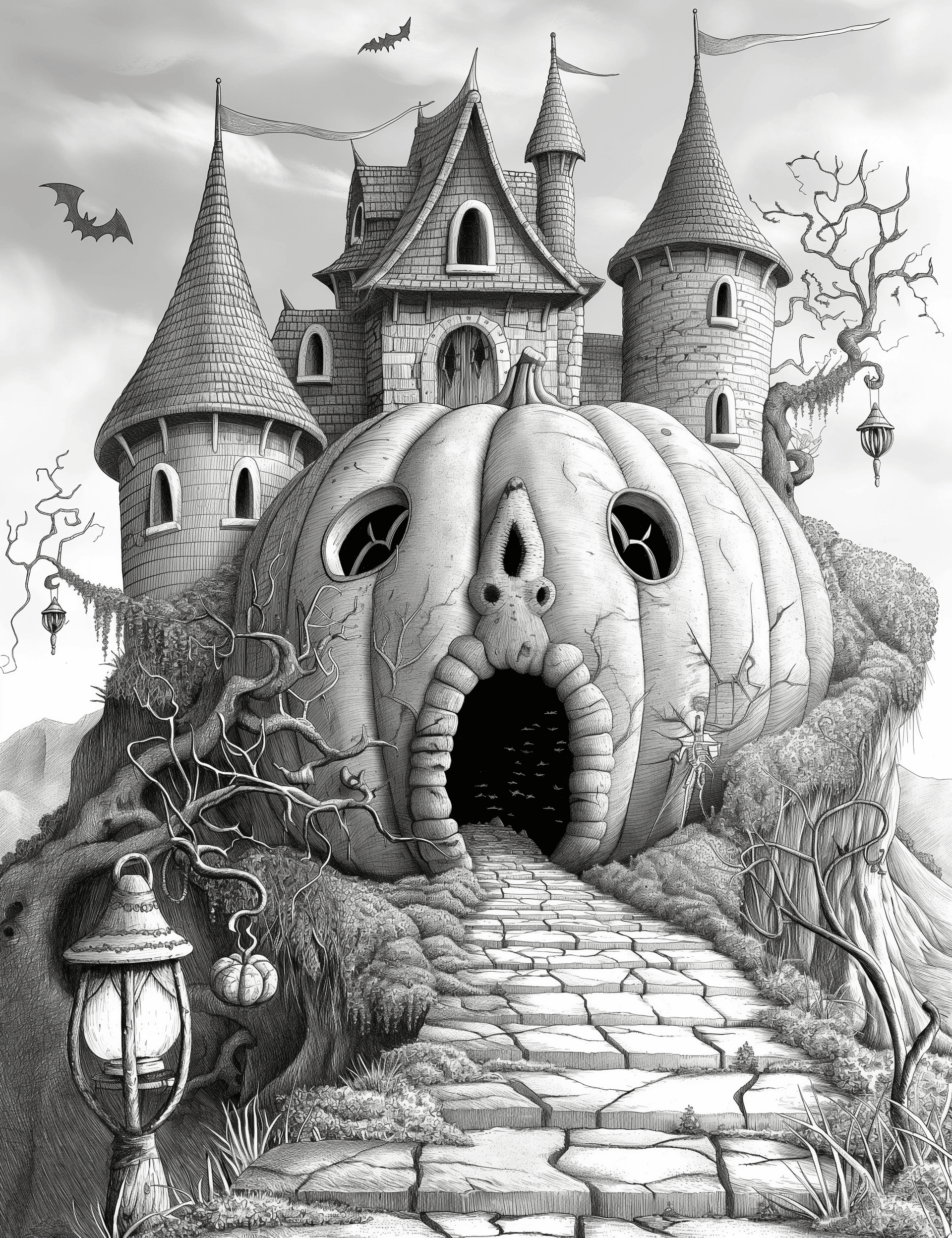 Free Giant Pumpkin Castle Grayscale Adult Coloring Pages, Printable PDF Instant Download
