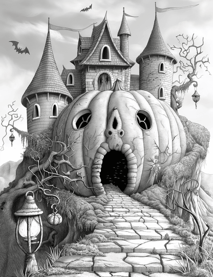 Free Giant Pumpkin Castle Grayscale Adult Coloring Pages, Printable PDF Instant Download