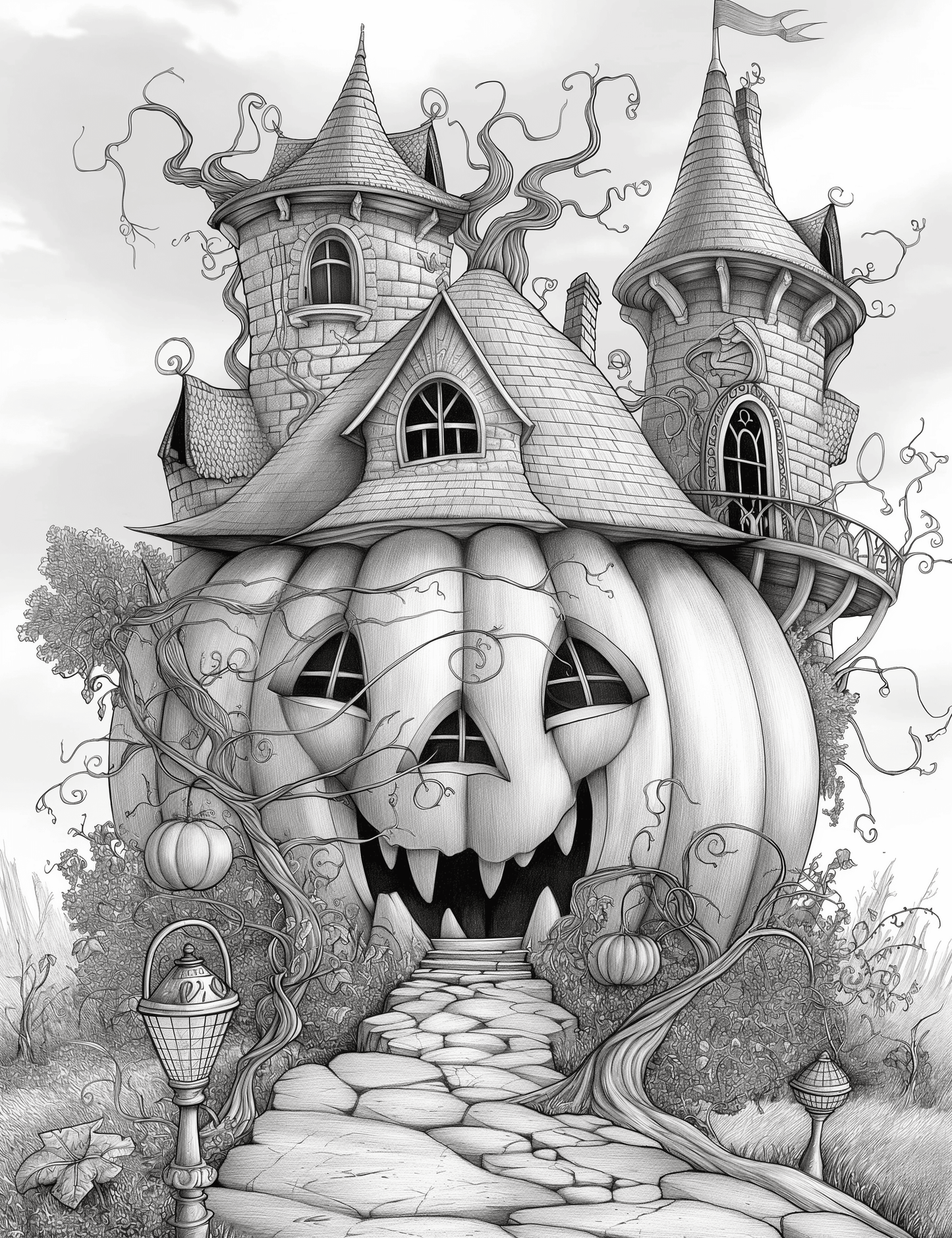 Free Giant Pumpkin Castle Grayscale Adult Coloring Pages, Printable PDF Instant Download