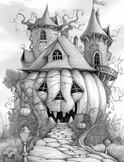 Free Giant Pumpkin Castle Grayscale Adult Coloring Pages, Printable PDF Instant Download