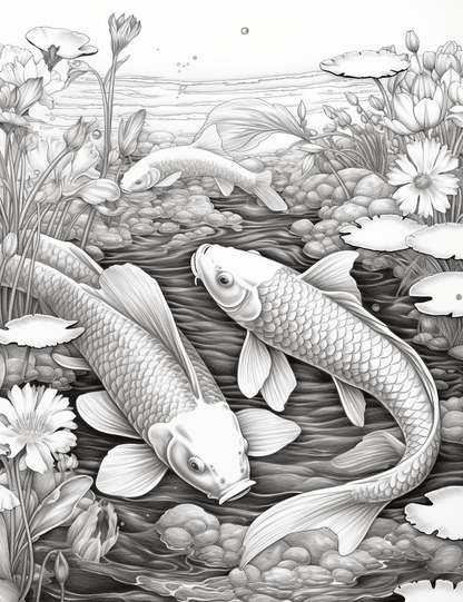 40 Tranquil Koi Pond Grayscale Adult Coloring Pages, Printable PDF Instant Download