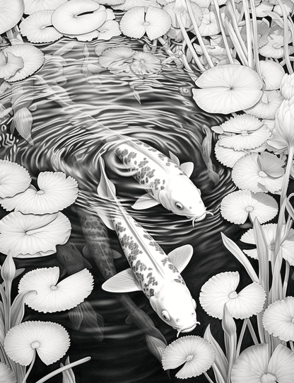 40 Tranquil Koi Pond Grayscale Adult Coloring Pages, Printable PDF Instant Download