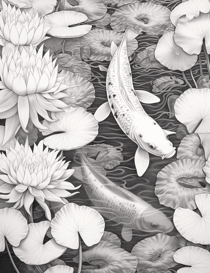 40 Tranquil Koi Pond Grayscale Adult Coloring Pages, Printable PDF Instant Download