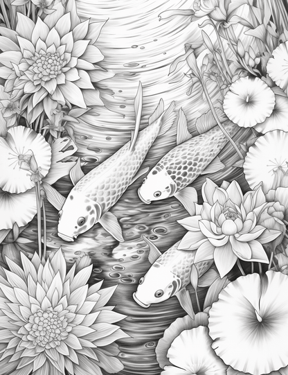 40 Tranquil Koi Pond Grayscale Adult Coloring Pages, Printable PDF Instant Download
