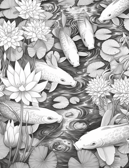 40 Tranquil Koi Pond Grayscale Adult Coloring Pages, Printable PDF Instant Download